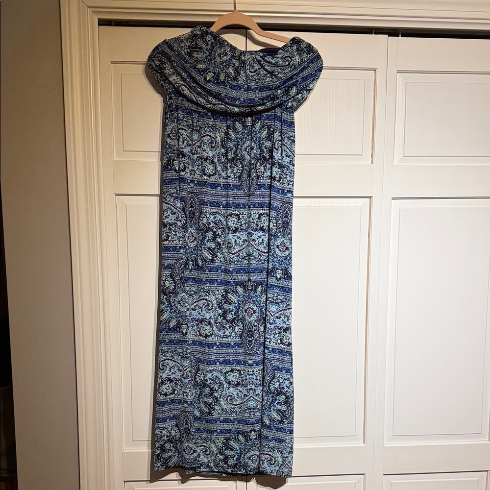 Blue Patterned Strapless Maxi Dress